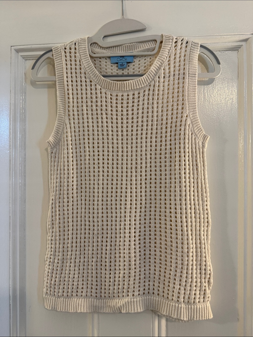 CeCe Open-Knit Crewneck Sweater Tank Top in Cream cotton small natural fibers